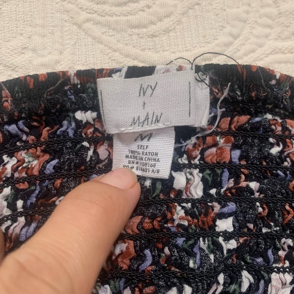 Ivy & Main Black Floral Smocked Strapless Top Open Cut Out Back Mini Dress - Picture 5 of 7